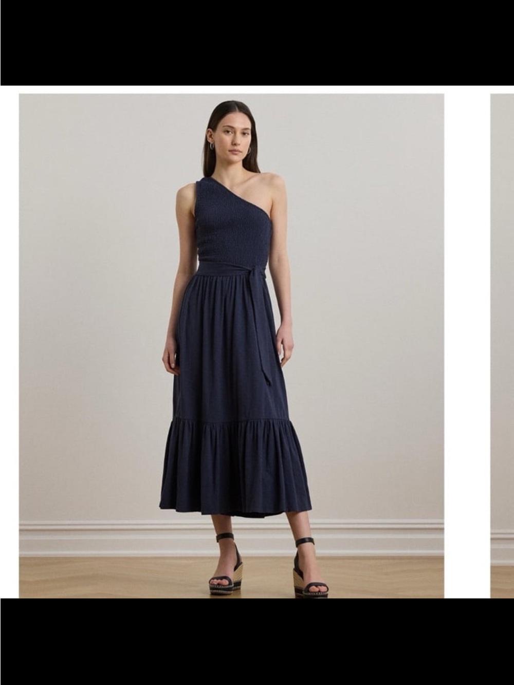 NWT Lauren Ralph Lauren women’s belted slub jersey one shoulder dress navy large